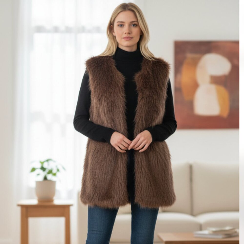 NWT $148 Jason Wu Faux Fur‎ Vest Cozy Layering  Brown Luxe Collarless Cozy M